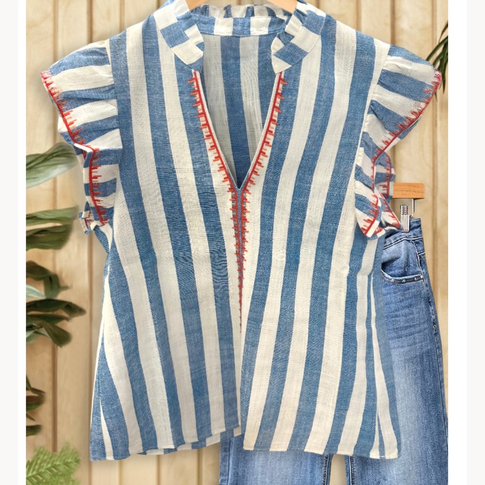Blue and White Striped Women's Top